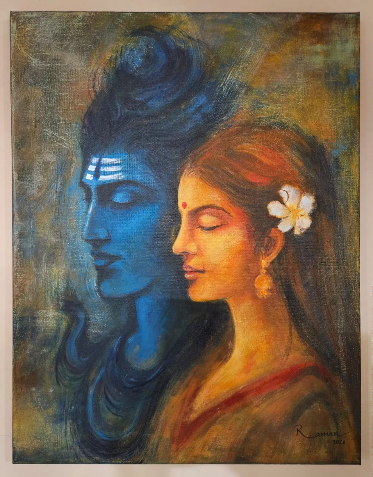 Portrait painting in blue and warm orange tones