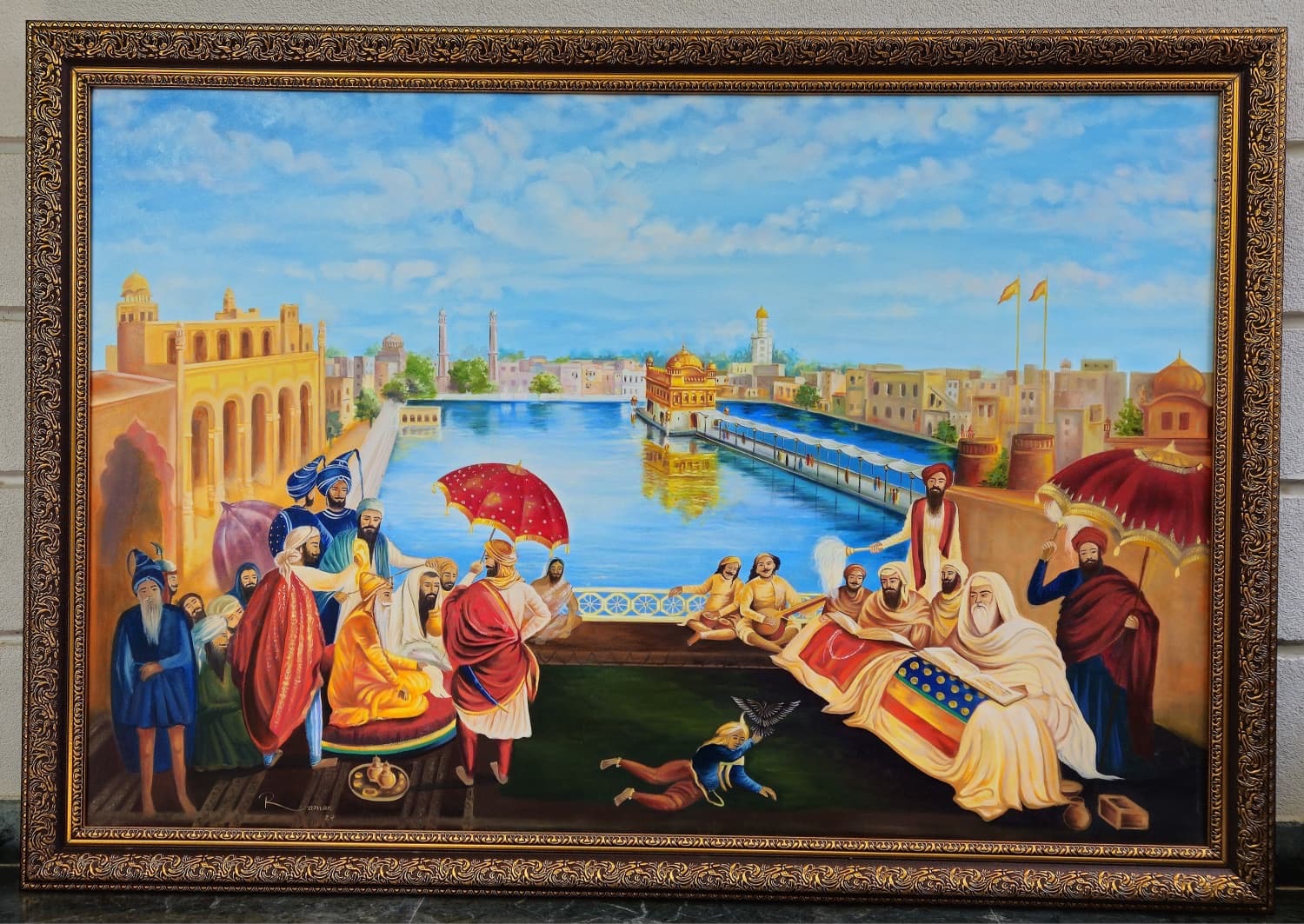 Detailed painting of figures gathered beside the Golden Temple